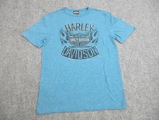 Harley Davidson Shirt Mens Medium Blue Flames Spell Out Logo Motorcycle Biker