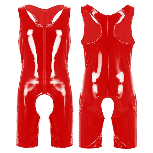 Herren Lackleder offenem Schritt Bodysuit Overall mit Reißverschluss Unterwäsche - Bild 14 von 24