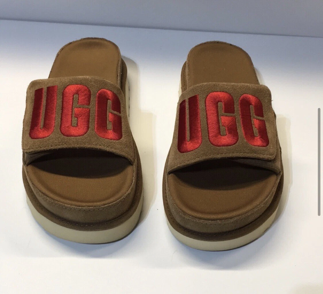 SANDALI SLIDE IN OTTONE LOGO UGG IN CASTAGNO SCAMOSCIATO ROSSO DONNA US 9 NUOVI DI ZECCA IN SCATOLA