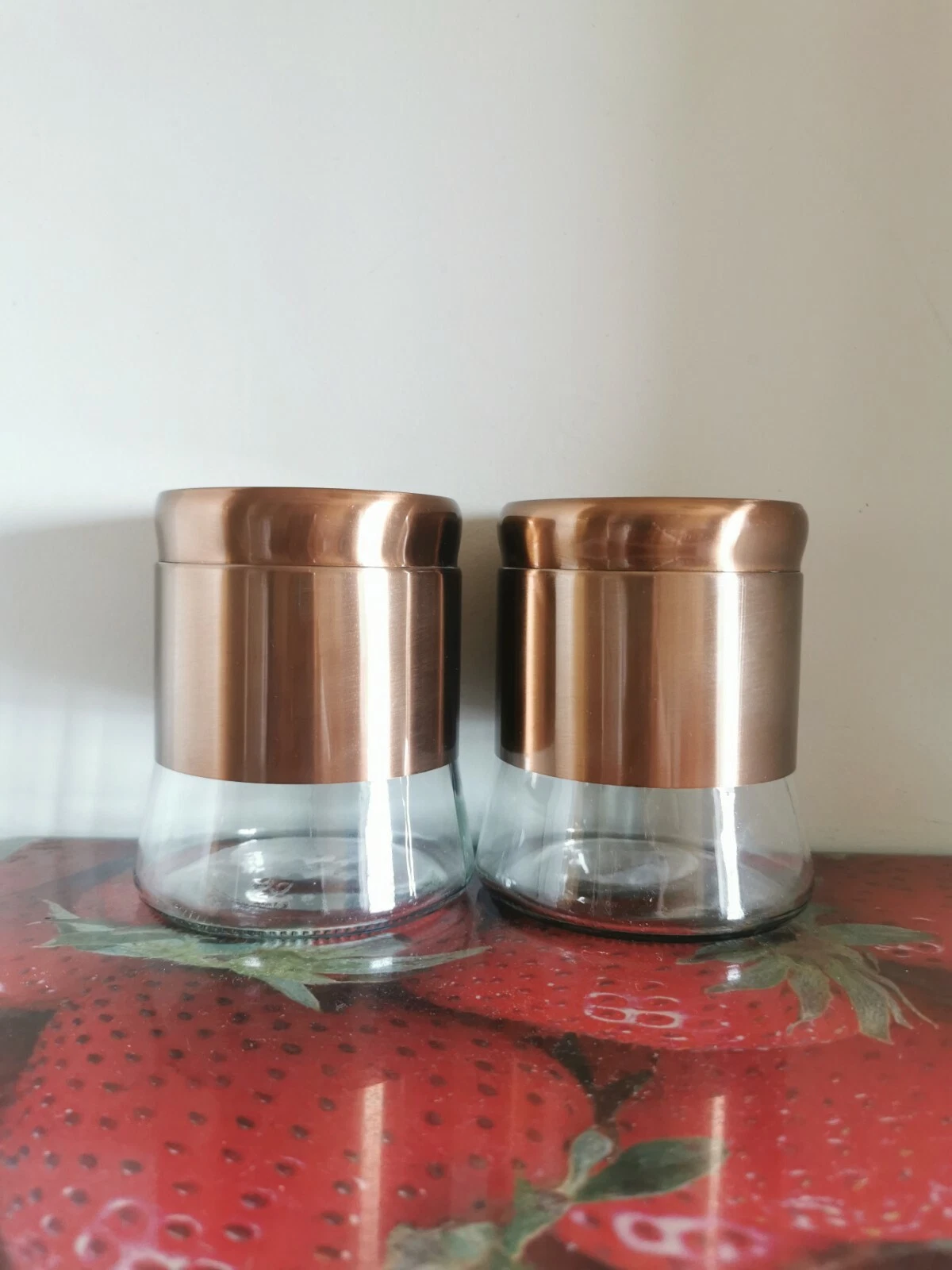 New 2 Copper Rose Gold Shade Tea Coffee Metal & Glass Jar Canister Set Storage👌