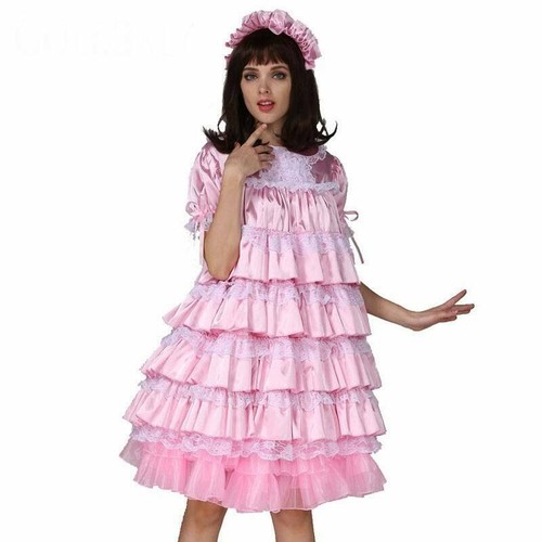 Vestido de satén rosa bloqueable Sissy Maid Girl disfraces de cosplay hechos a medida. - Imagen 2 de 6