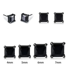 2Pcs Black Stone Barbell Punk Crystal Stainless Steel Shinny Ear Studs Earrings