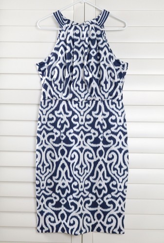 Vestido Blusa Halter Estampado Azul Marino Gretchen Scott Nuevo con Etiquetas $229 Bougie Talla Grande - Imagen 5 de 6