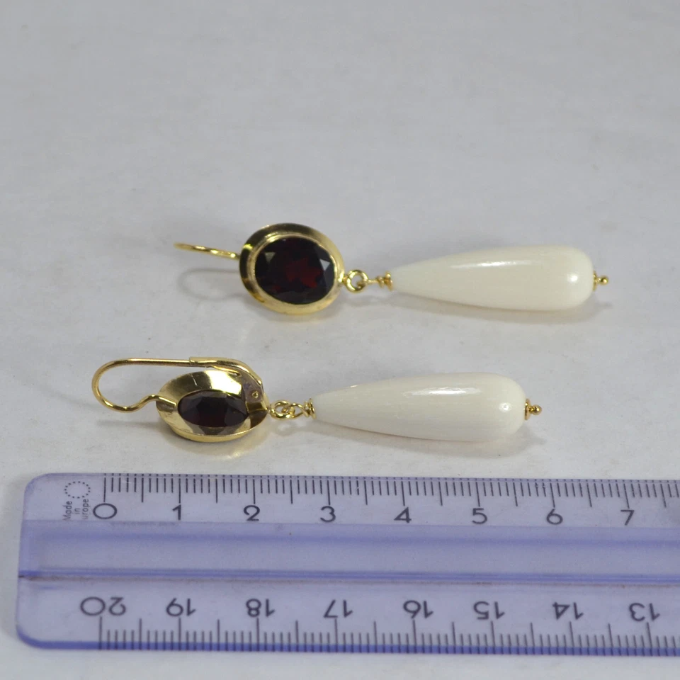 ORECCHINI  ARGENTO 925 DORATO  CABOCHON GRANATO  E  PENDOLI OSSO       AGHT 0920 - Immagine 3 di 3