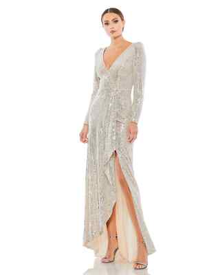 IEENA MAC DUGGAL Silver Sequin Nude Long Sleeve Stretch Wrap Maxi Gown Dress 16