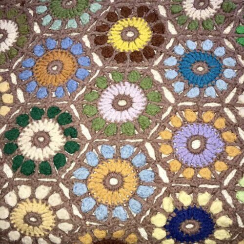 Vintage Grandmothers Flower Garden Crochet Afghan Blanket 74” x 114” Boho Hippy - Picture 6 of 19