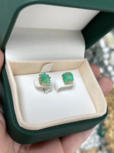 3.99tcw Asscher Cut Natural Colombian Emerald Compass Prongs Stud Earrings 14K - Picture 7 of 10