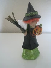 Kitschy Witchy Transpac Resin Witch w/ Pumpkin Figurine Green Glitter