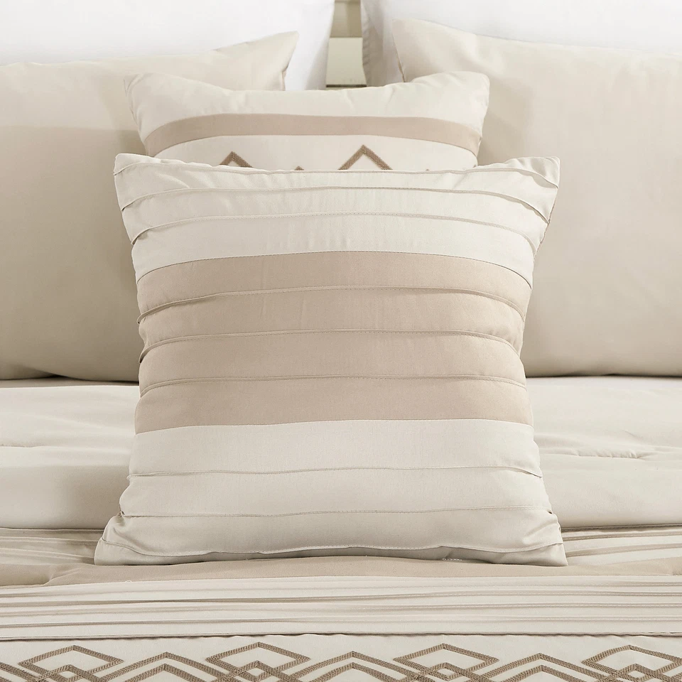 Luxury 7-Piece Taupe Bedding Set Geometric Embroidered Striped Comforter Set - Image 4 of 4