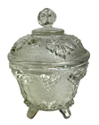 Vntg Jeanette Glass Candy Dish W/ Lid Clear Strippled Raised Grape Leaf Footed