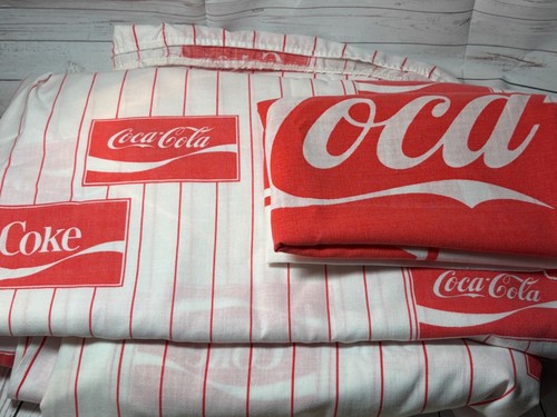 Vintage 80's Coke Coca Cola TWIN Bed Sheet Set - Red Stripes, Bibb Co.