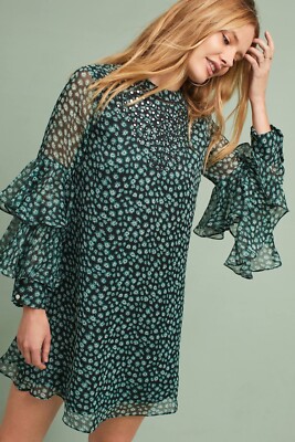 Ranna Gill Green Fluttered Ruffle Chiffon Tunic Dress Size XS