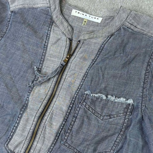 Trina Turk Size Medium Top Indigo Kaiko 2 Denim Chambray Blouse Linen Blend
