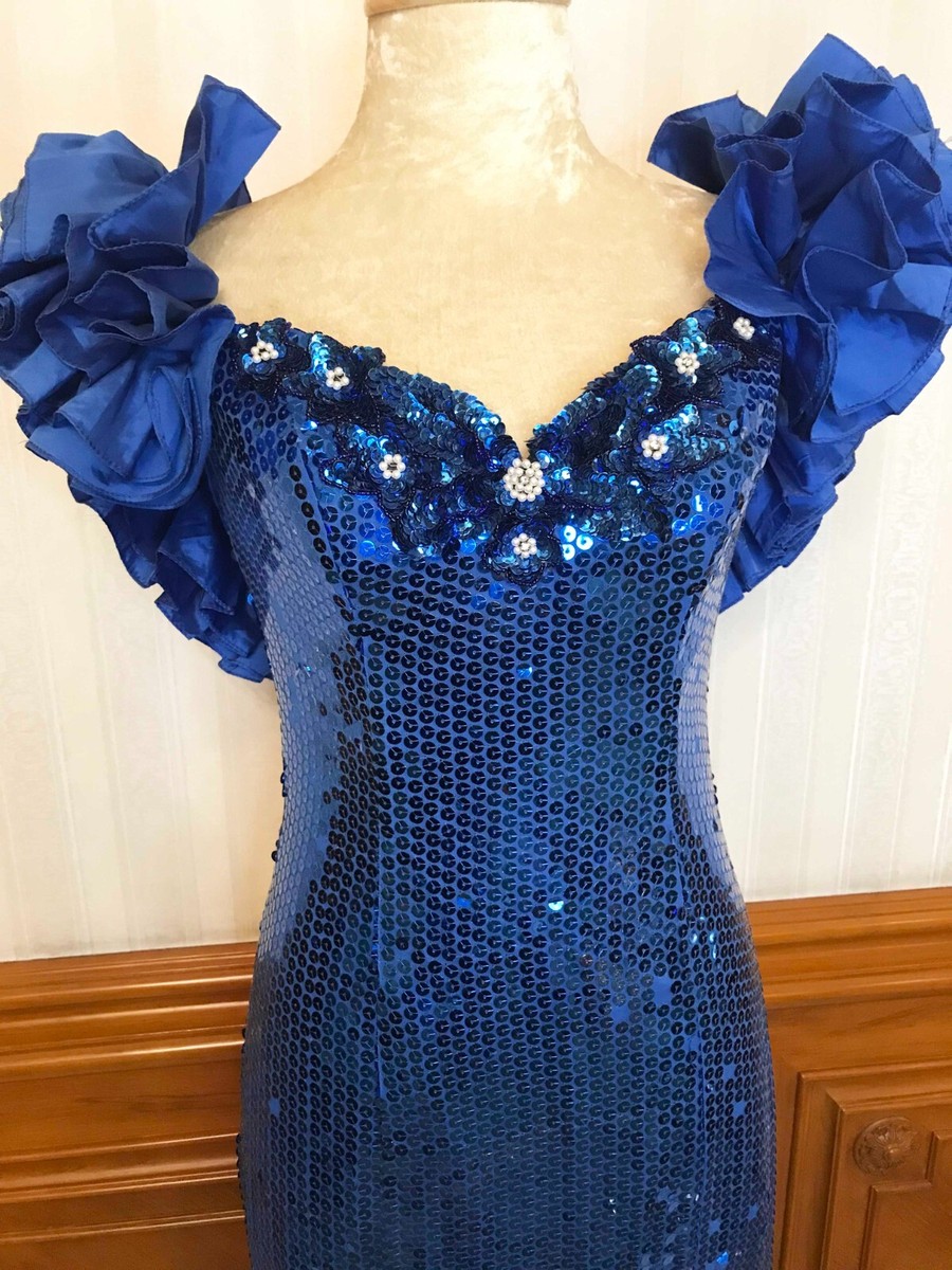 Vintage Alyce Designs Sequin Ruffle Mermaid Prom Party Dress Gown Blue Sz  10 USA