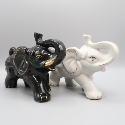 2 Vintage White & Black Elephant Trunk Up Figurine Ceramic Gold Trim 5 inch tall