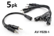 5-PACK 6 inch 3.5mm Stereo Female to Dual Male Plug Black Audio Y-Splitter Cable