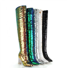 Women's Fashion Glitter Sequins High Clear Heel Over The Knee Boots Dance Shoes