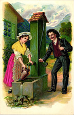 Vintage Costume Postcard Embossed With Silk Pieces