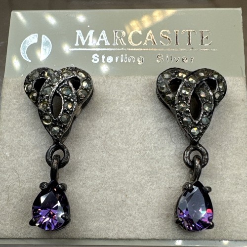 Vtg Sterling Silver Marcasite Amethyst Drop Dangle Earrings Studs Teardrop New - Picture 1 of 17