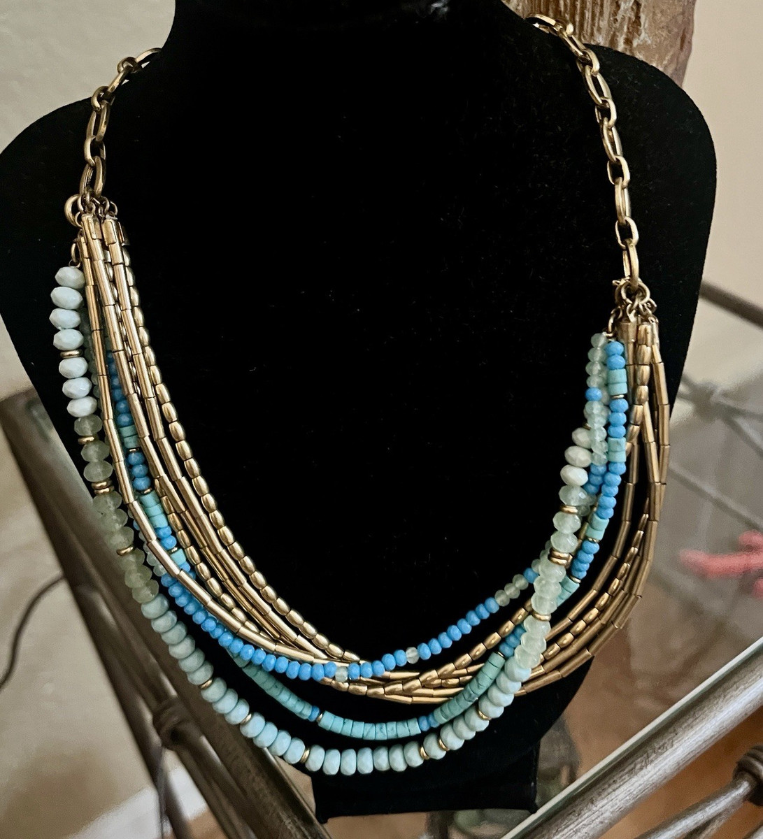 Stella & Dot Multi-Strand Blue Beaded Statement Necklace Gold Tone Cable Chain