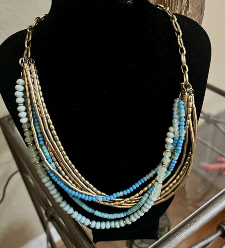 Stella & Dot Multi-Strand Blue Beaded Statement Necklace Gold Tone Cable Chain