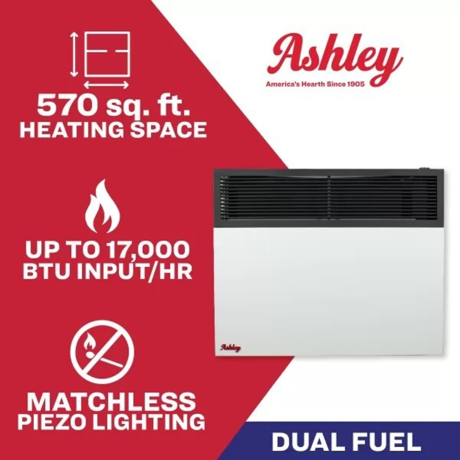 Ashley Hearth, Ashley Wall Heater, Dual Fuel, 17k Direct Vent, Heat Output