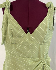 PRETTYLITTLETHING Green White Polka Dot Draped Dress Size 6 Ruched V-Neck