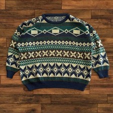 Vintage Wool Knitted Abstract Pattern Made In Italy Knit Sweater Size XL Green