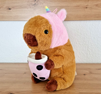 Plüschtier, Capybara mit Einhornmütze & Bubble Tea, ca. 29 cm, Glitzeraugen, Neu