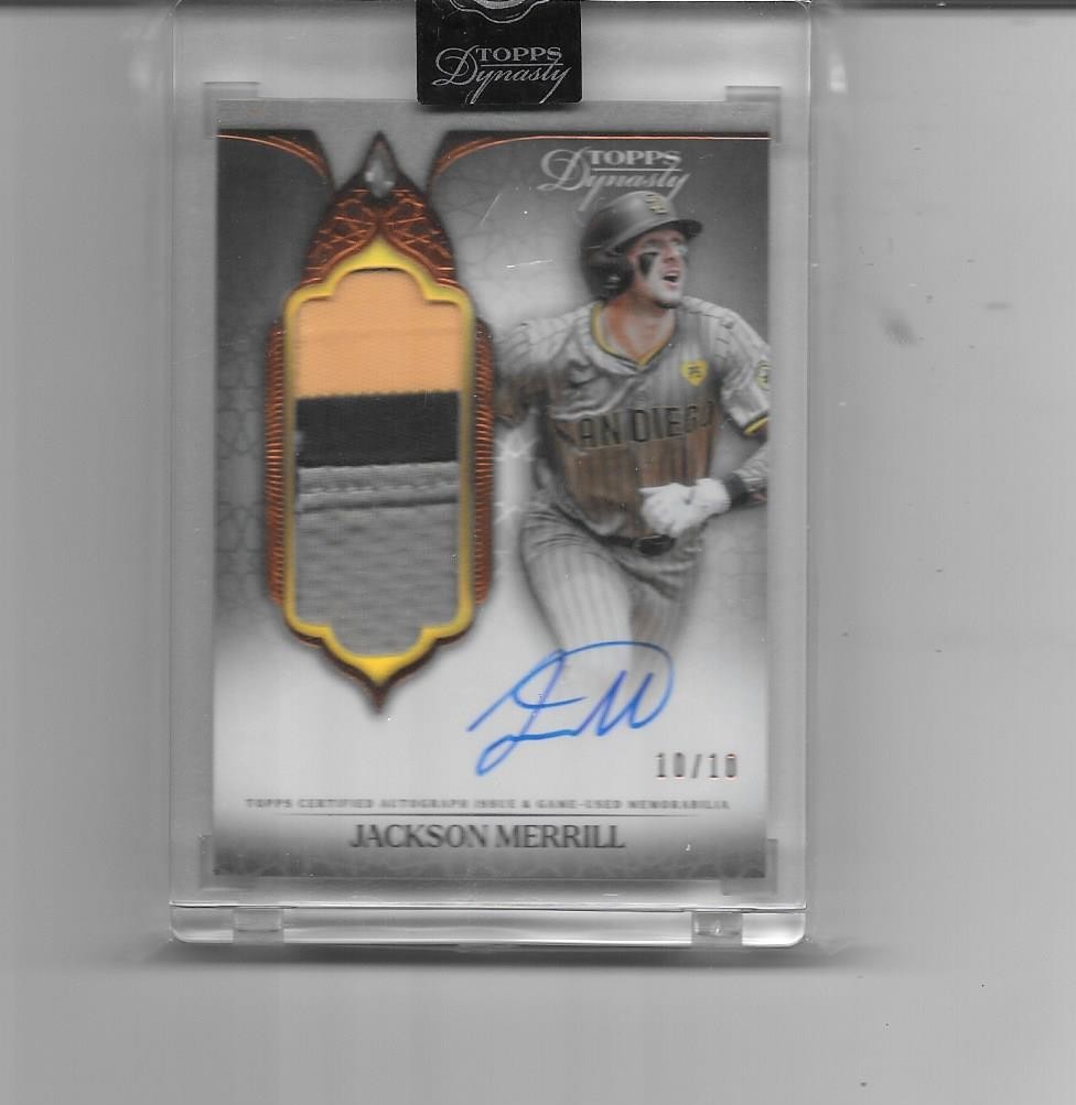 2025 TOPPS DYNASTY JACKSON MERRILL AUTO 3 COLOR PATCH AUTOGRAPH # 10/10 PADRES