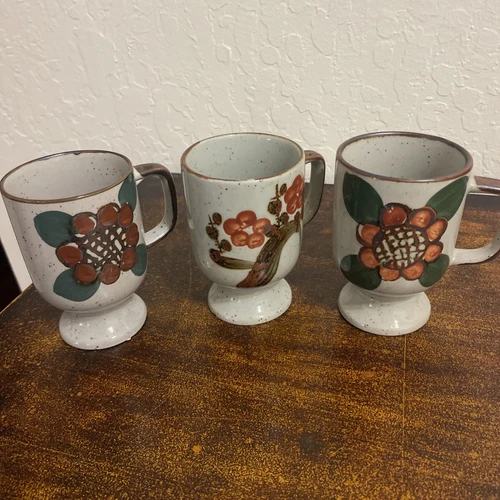 Set of 3 Otagiri Coffee Mug Cup Brown Speckled Pedestal Style Vintage Stoneware