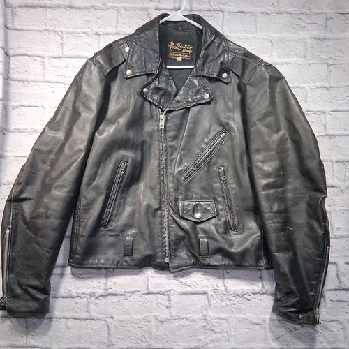 Vintage Sears The Leather Shop Moto Jacket Men's 46 Tall (XXL) Black Distressed