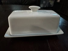 Fiddle & Fern Covered Butter Dish Farmhouse White Ceramic Butter Keeper