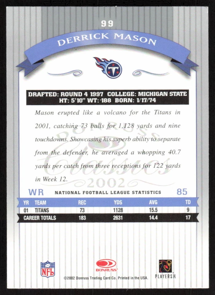 2002 Donruss Classics Derrick Mason #99 Tennessee Titans - Image 2 of 2