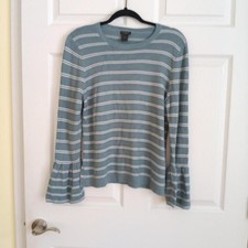 Ann Taylor Factory Blue Striped Bell Sleeve Knit Sweater Size Large