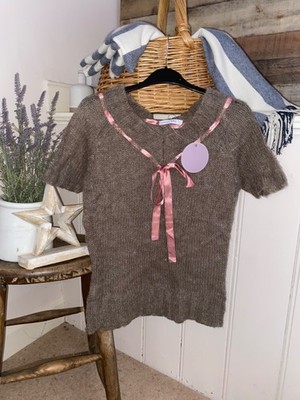 Vintage 1930s style Mohair Ribbon Jumper Size 14 Top Frill Neck Scandi Chic