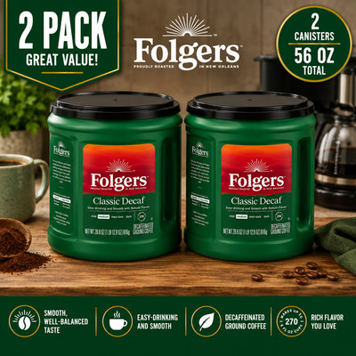 2-Pack Folgers Decaffeinated Classic Roast Ground Coffee, 28.8 oz.