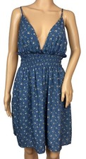 SHEIN Floral Smocked Waist Dress Womens Juniors Size Large Blue Plunge Neckline