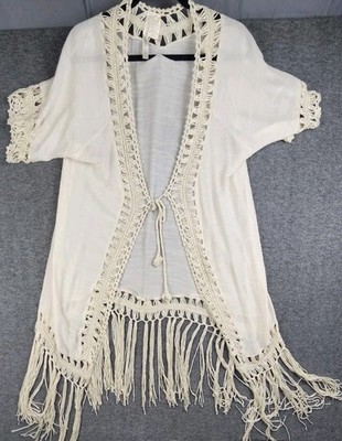 Womens Wrap Cover Up L Beige Fringe Bohemian Beach Coastal