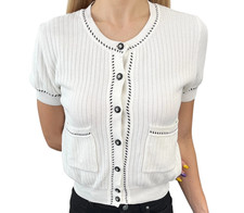 AUTH CHANEL 96P VINTAGE WHITE BLACK RIB KNIT TOP CARDIGAN CC LOGO BUTTONS 36