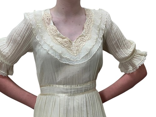 NOS M/L Vtg 70s Sz 13 GUNNE SAX Maxi Dress Dk Cream Crinkle Voile Wedding Party - Picture 14 of 22