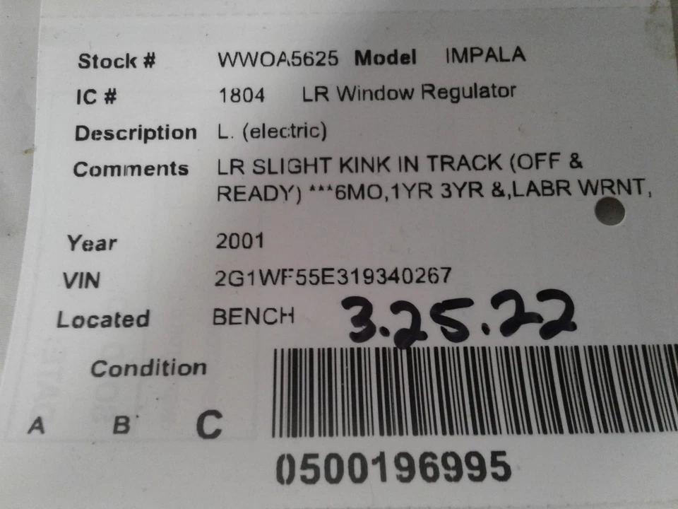 Used Rear Left Door Window Regulator Rear fits: 2001 Chevrolet Impala L. electri Foto 3 de 4