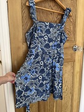 Ladies Next Playsuit Linen Blend Blue Floral Pockets Size 14 Excellent cond