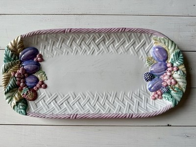 Vintage Fruit Embossed Ceramic Serving Tray | Basketweave Cottagecore Kitchen