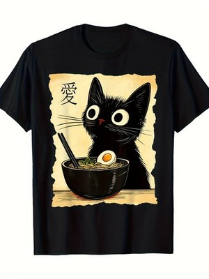 [Kawaii Cat ] Funny Cat Ramen Graphic Tee Japanese Anime Style, Short Sleeve,