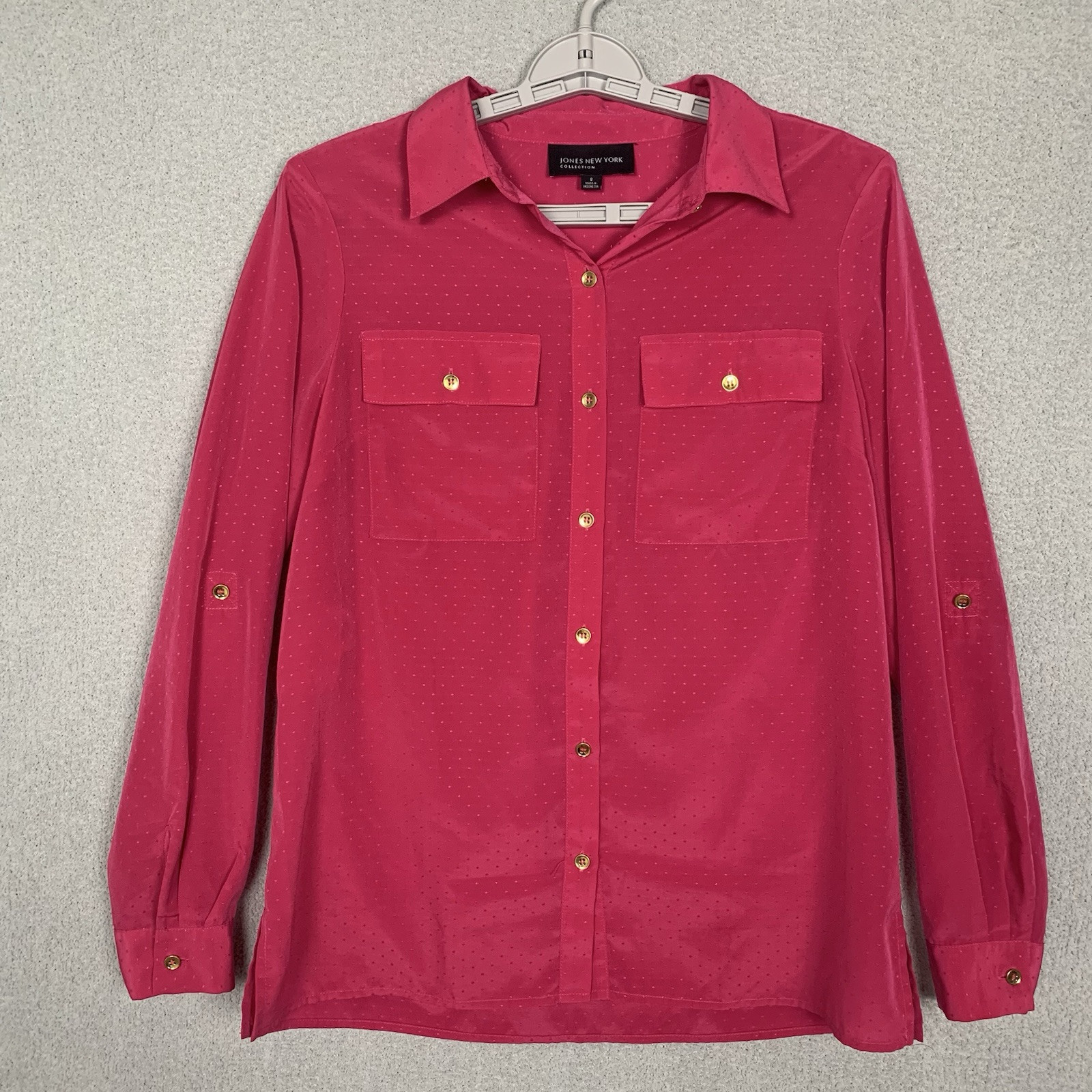Jones New York Shirt Blouse Women's Size 8 Pink Roll Tab Sleeve Button-Up