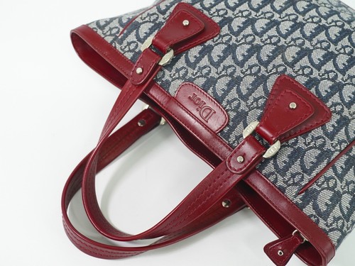 Christian Dior Trotter Canvas Leather Tote Handbag Navy Bordeaux Silver - Picture 7 of 21