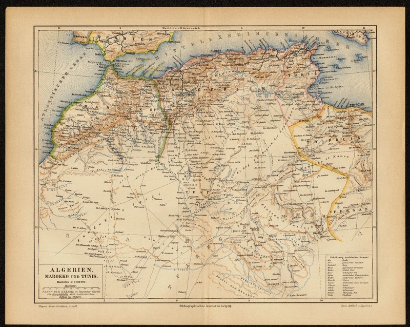 1885 Original Historic Antique Chromolitho Map of Algeria - Printed in Germany