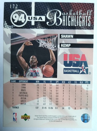 SHAWN KEMP 172 UPPER DECK USA 94 BASKETBALL HIGHLIGHTS 1994 - Picture 2 of 2
