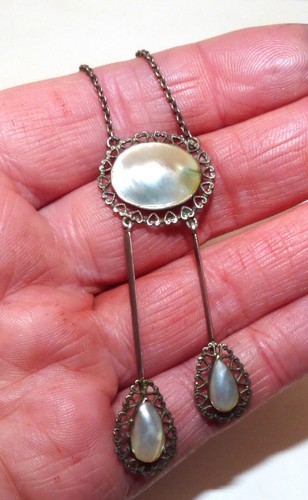 DEUTSCHES KUNSTHANDWERK BLISTER PERLE & SILBER TROPFEN HALSKETTE KLEINE HERZEN um 1910 - Bild 3 von 11